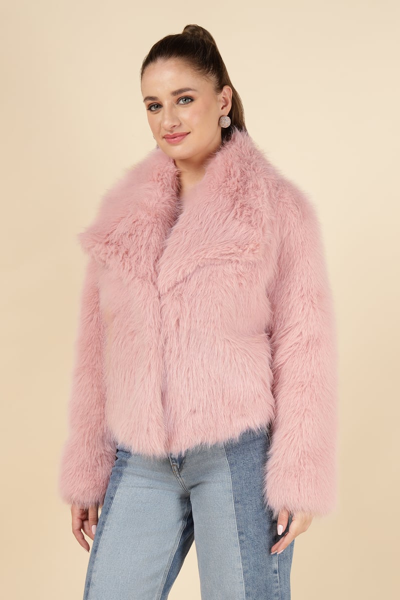 Pink Cropped Faux-Fur Jacket with Lapel Collar