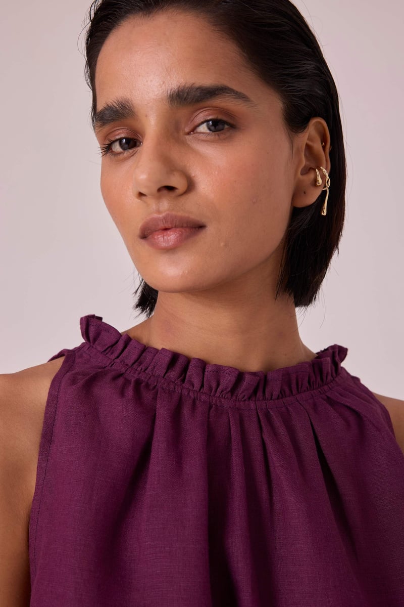 Purple Linen Halter Neck Flowy Top with Ruffle Neckline