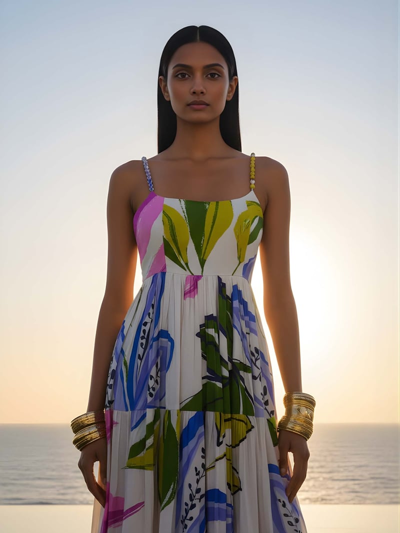 Multicolor Printed Tiered Maxi Dress in Bemberg Silk