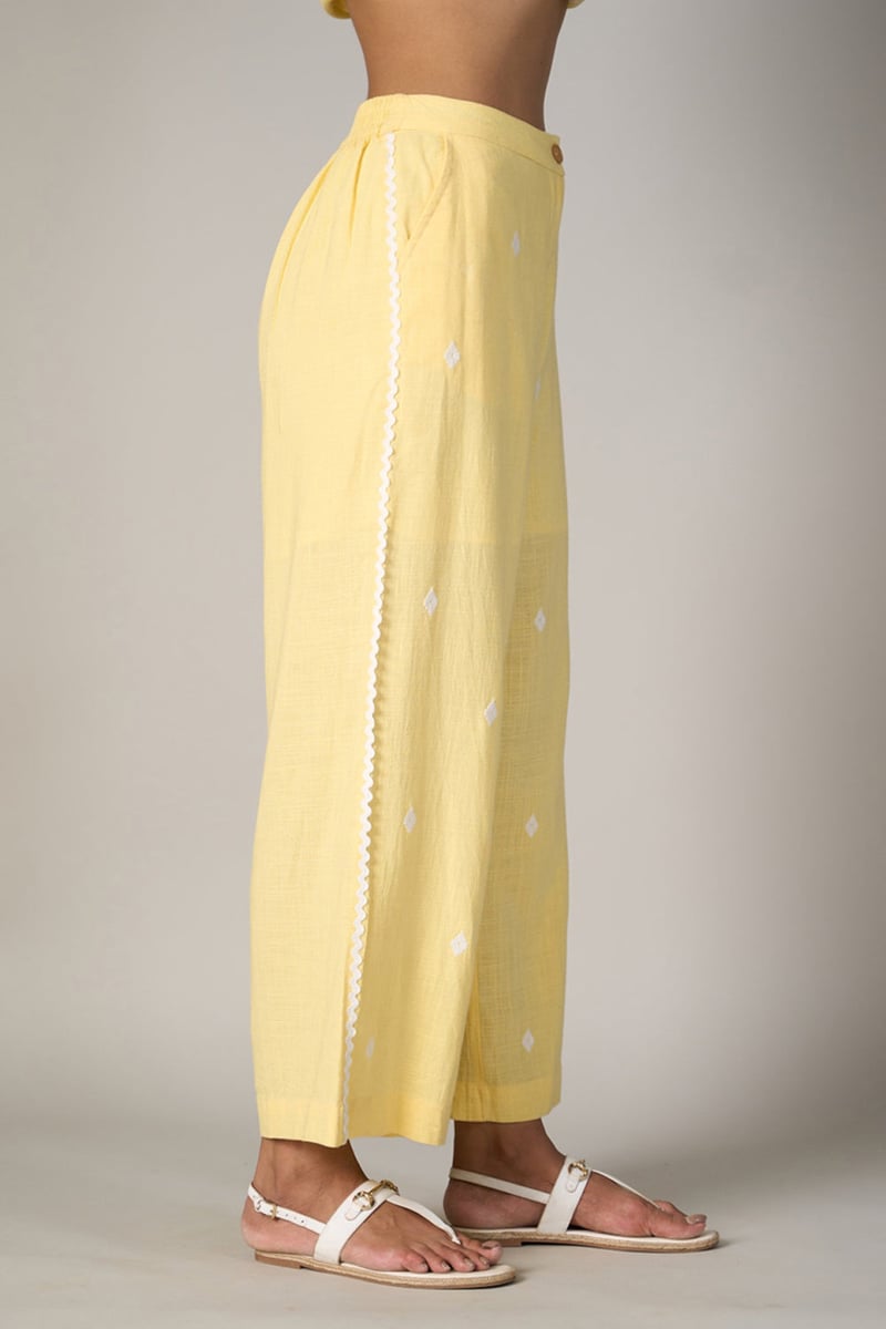 Yellow Wide-Leg Embroidered Viscose Trousers