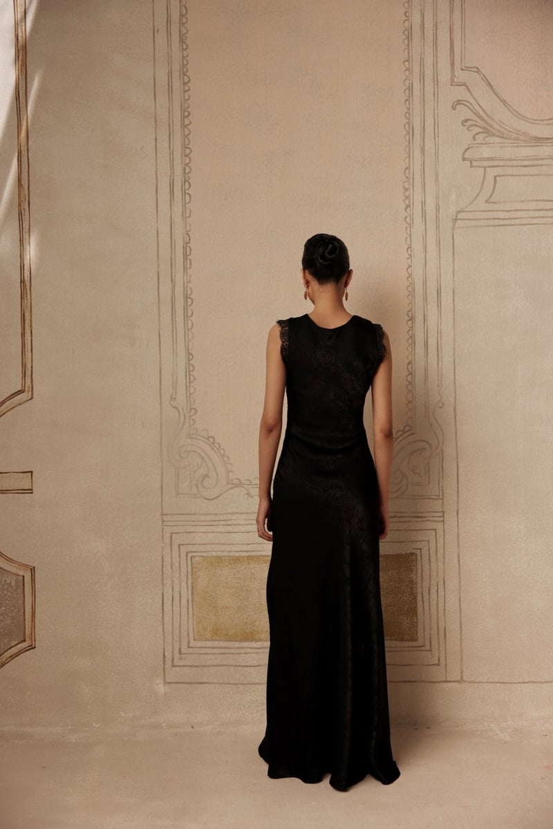 Black Satin Bias-Cut Maxi Gown with Lace Slit