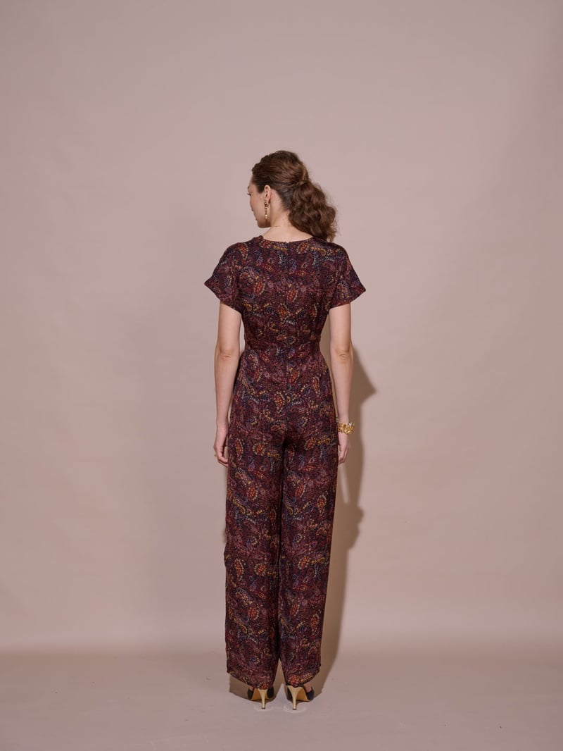 Wine Printed V-Neck Wide-Leg Jumpsuit with Knot Waist