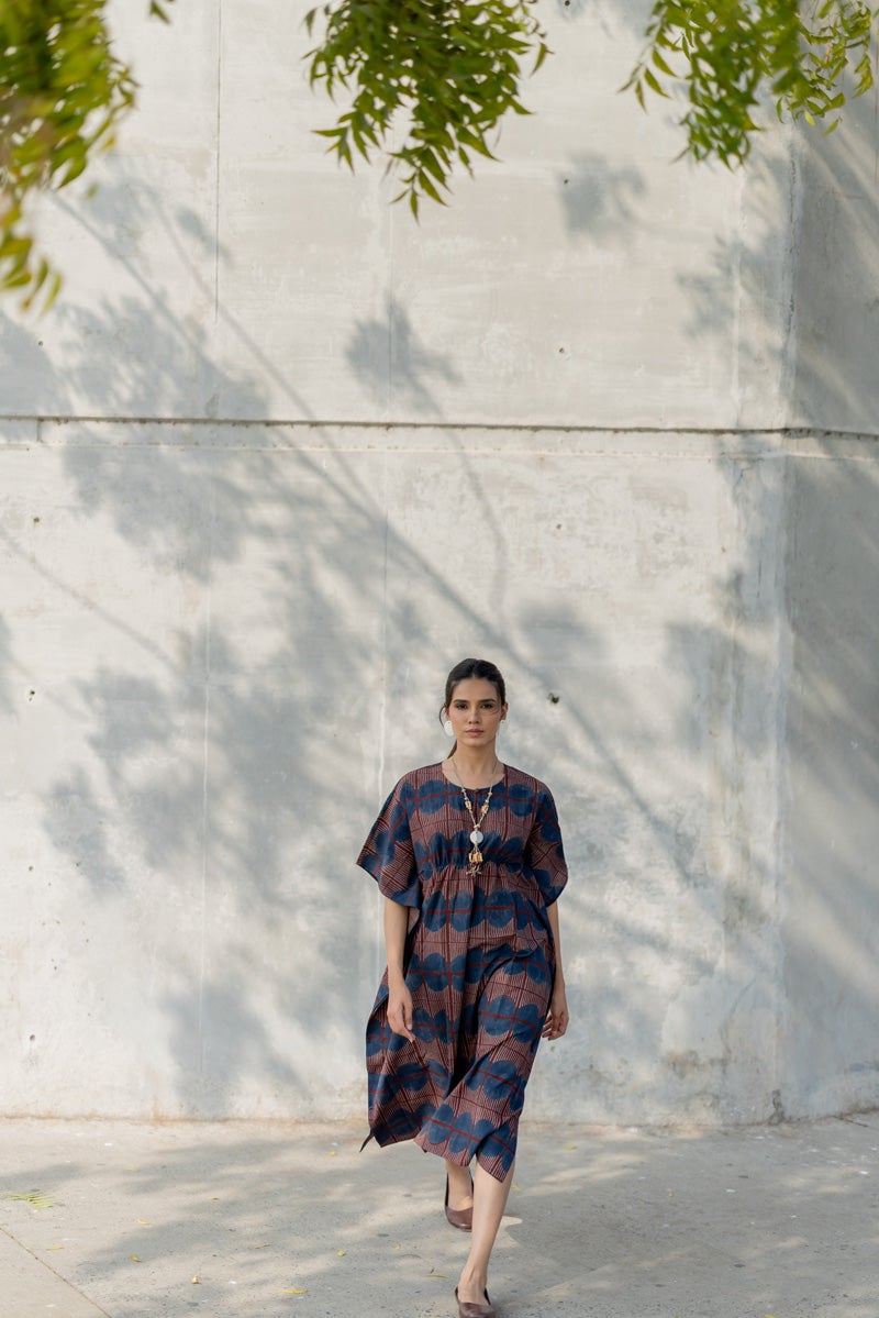 Burgundy and Blue Printed Cotton Midi Kaftan Dress