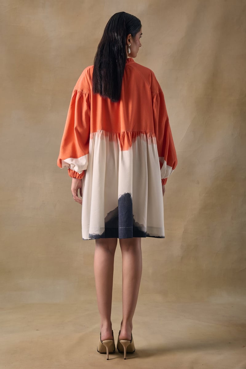 Orange Wash Printed Smock Mini Dress with Button-Down Front