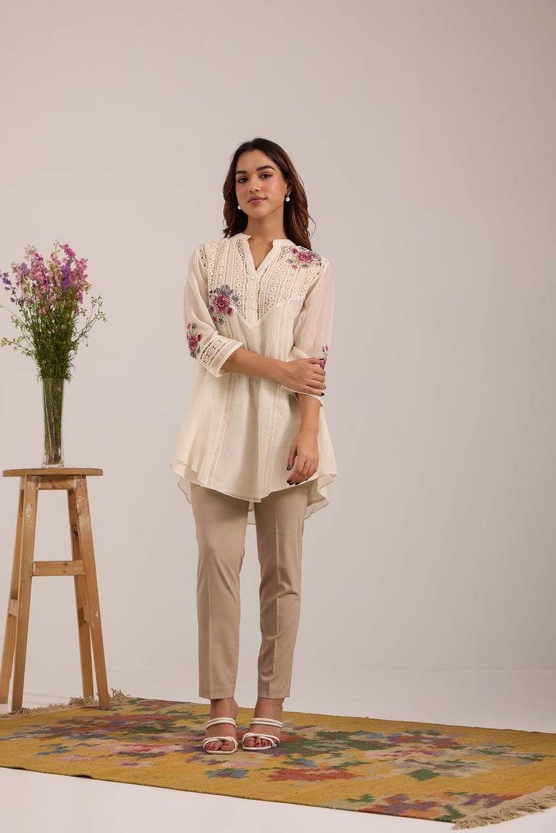 Off-White Mul Chanderi Shirt and Pants Co-ord Set