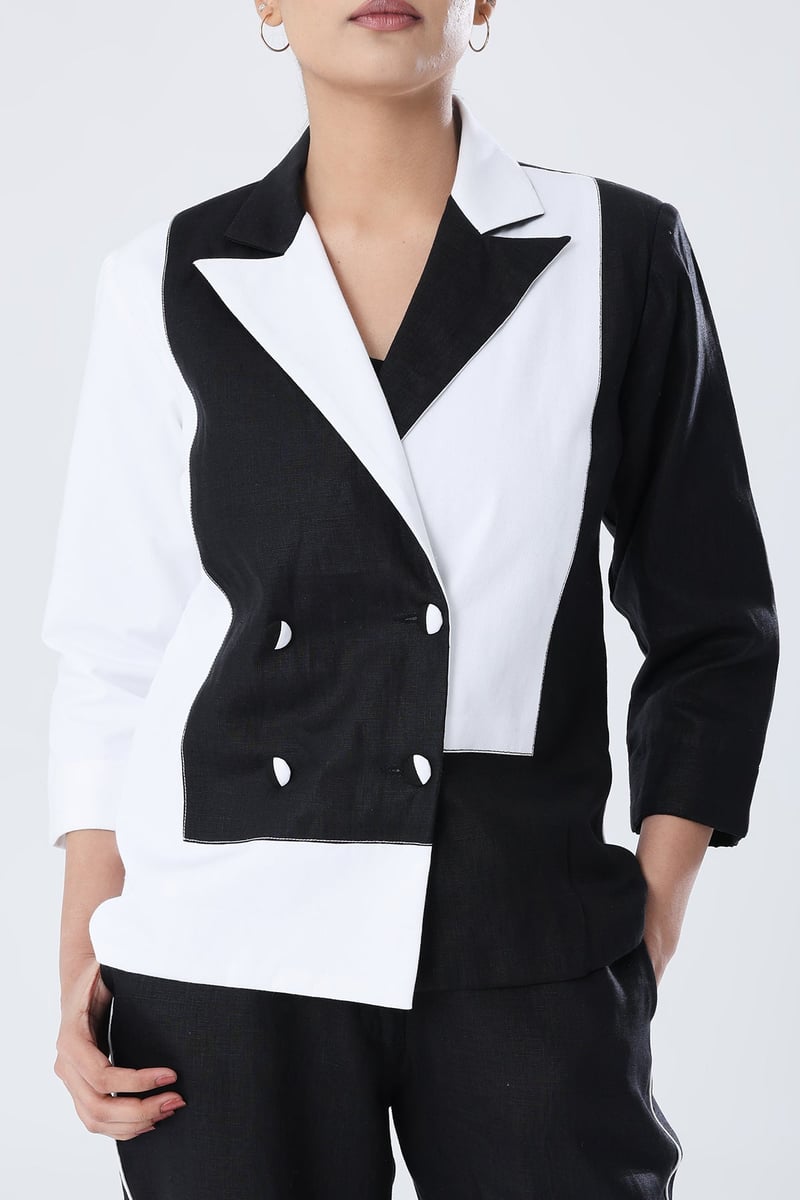Black and White Colorblock Double-Breasted Blazer