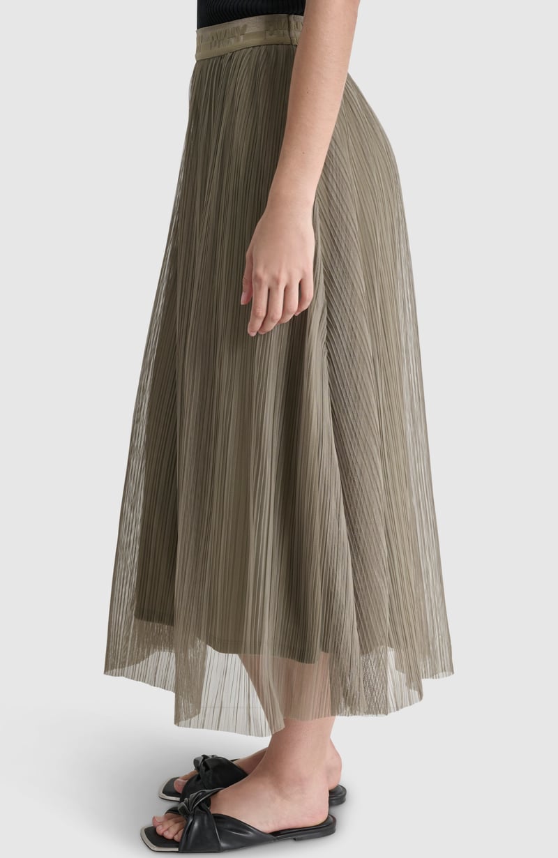 Olive Pleated Midi Skirt with Logo Waistband