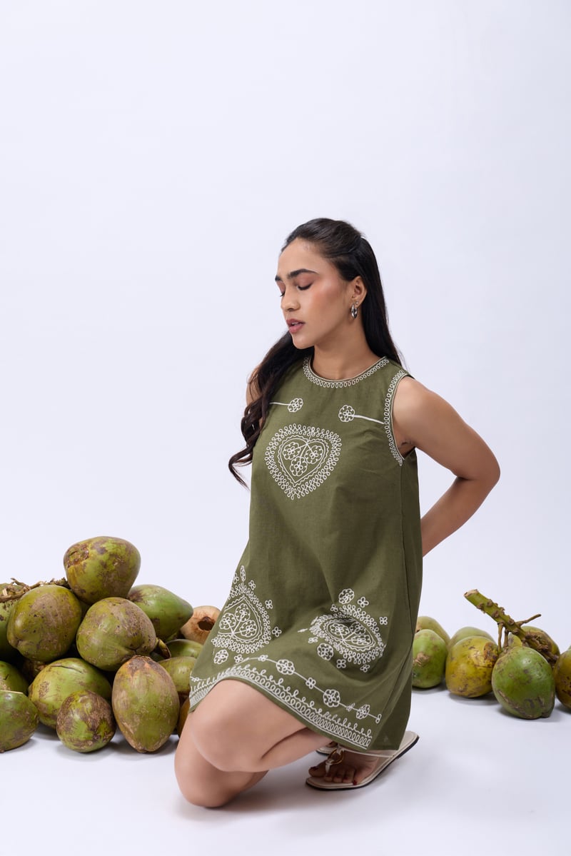 Olive Green Ari Embroidered A-Line Mini Dress