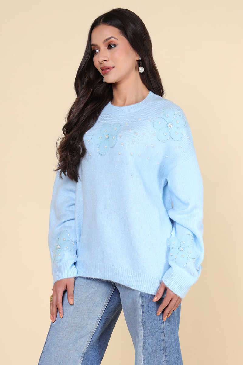 Light Blue Applique and Pearl-Detail Pullover Sweater