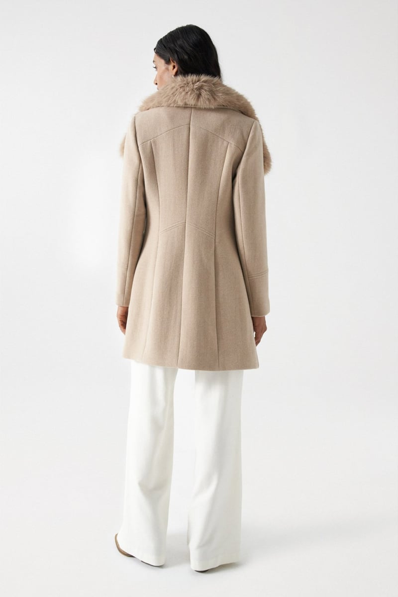 Medium Beige Longline Wool-Blend Coat with Fur Collar