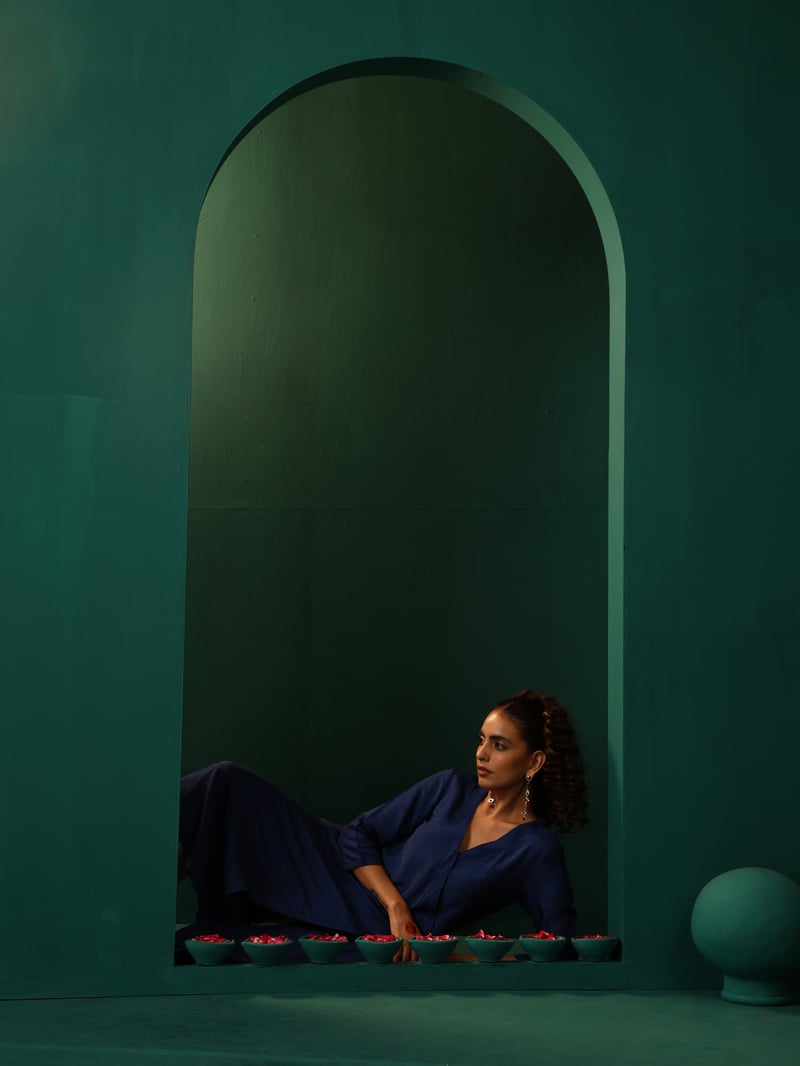 Blue Silk-Blend Angrakha Kurta and Pant Set