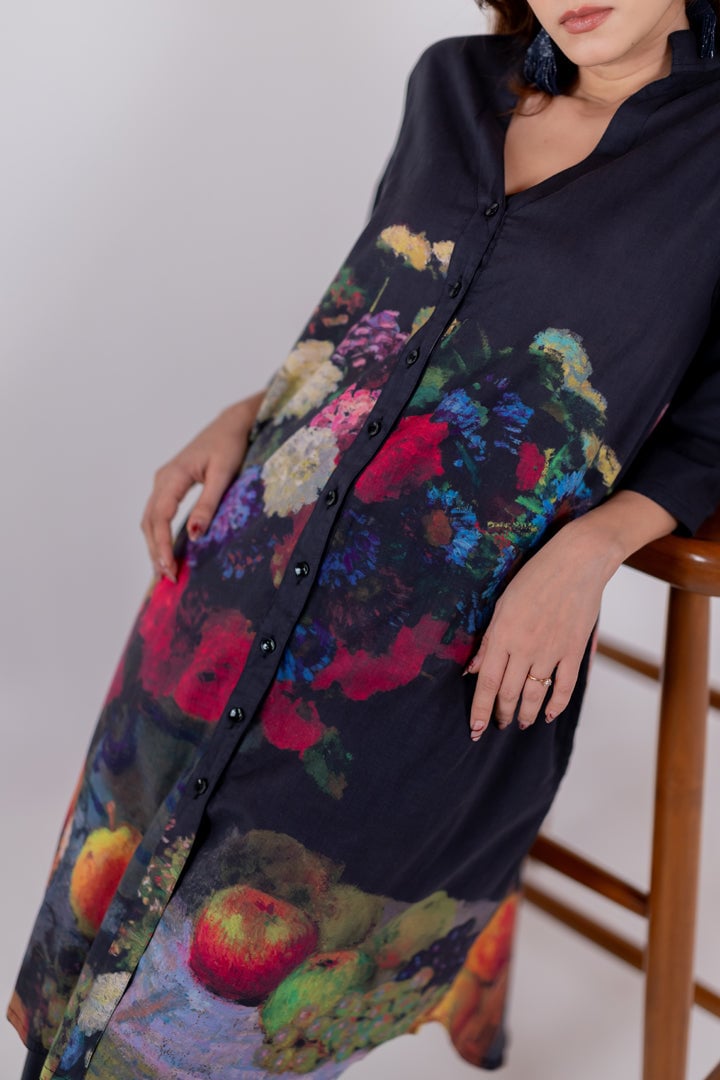 Black Printed Cambric Tunic and Pants Set