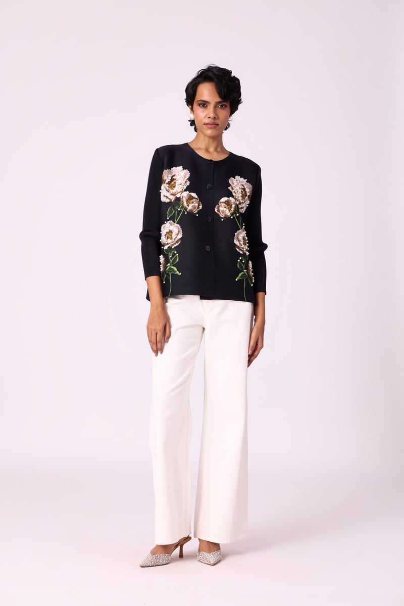Black Pleated Floral Shirt with Pearl Details