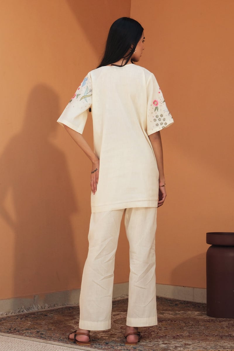 Ivory Embroidered Tunic and Wide-Leg Pants Co-ord Set