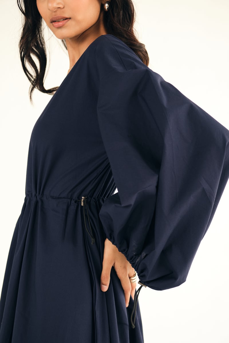Navy Poplin Midi Dress with Cinched Waist and Balloon Sleeves