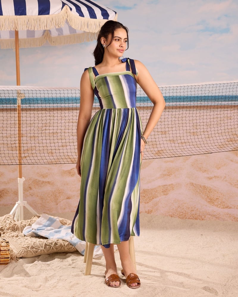 Blue/Green Striped Square Neck Satin Midi Dress