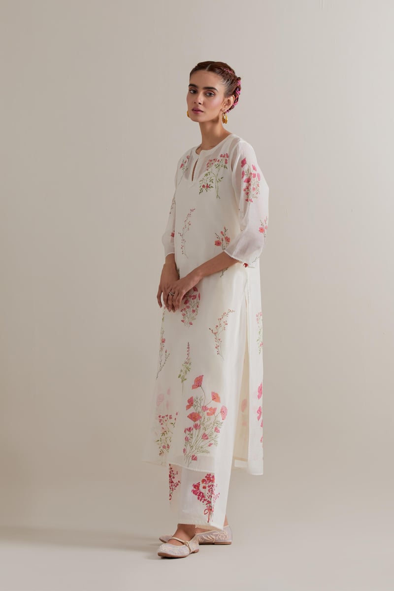 Off-White Floral Hand Block Print Kurta Set with Dupatta