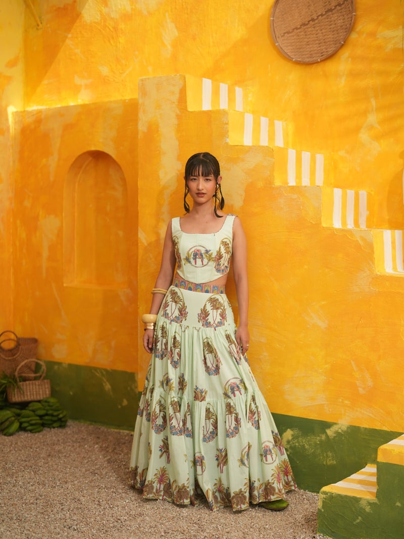 Cool Mint Tropical Corset Top and Tiered Maxi Skirt Set