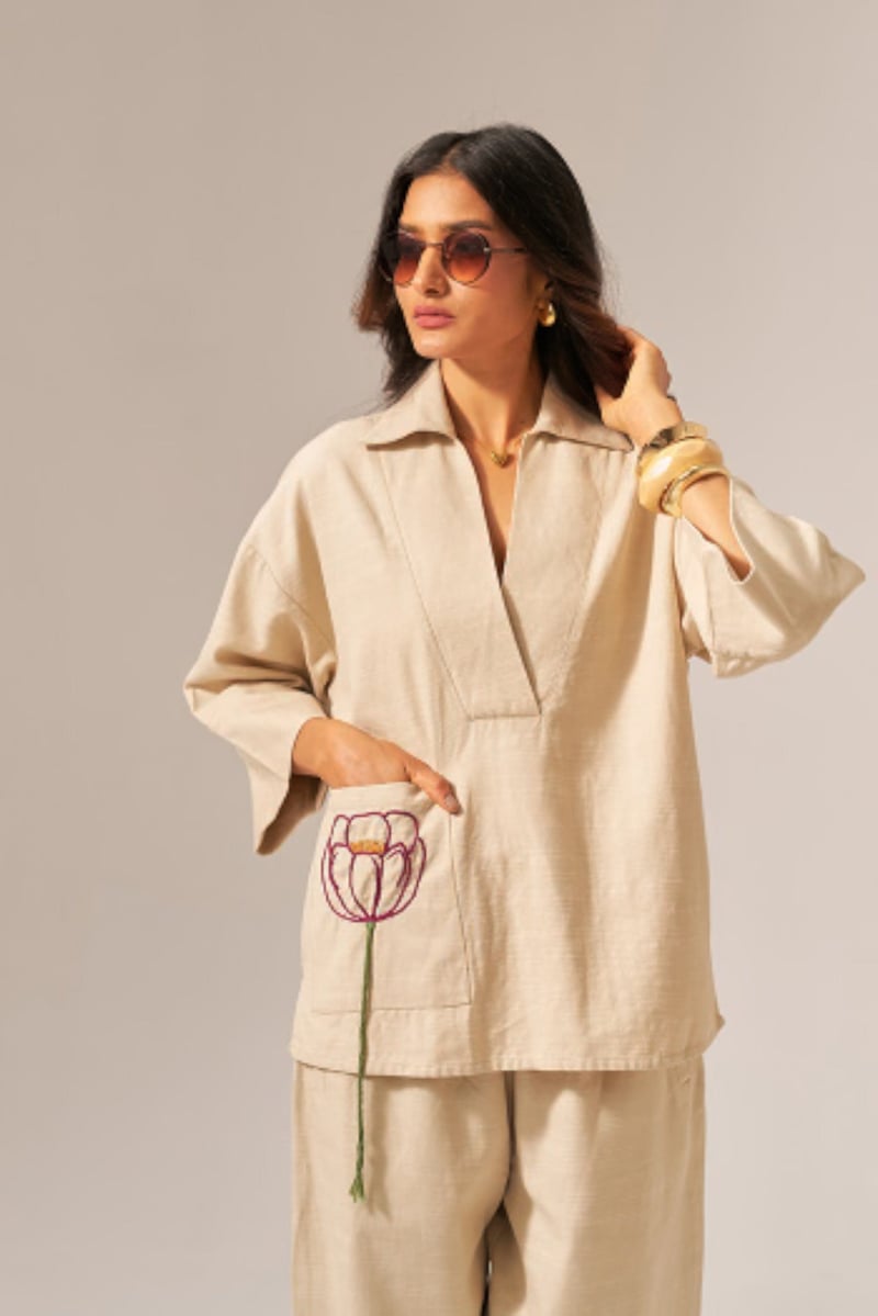 Beige Cotton Slub Shirt and Tapered Pants Co-ord Set