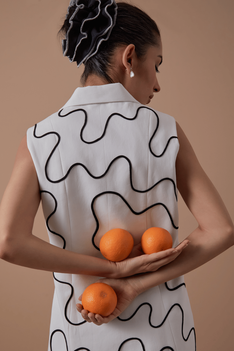 White Sleeveless Double-Breasted Blazer with Dori Embroidery