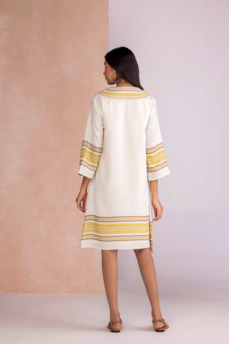 Earth Linen-Blend V-Neck Stripe Border Knee-Length Dress