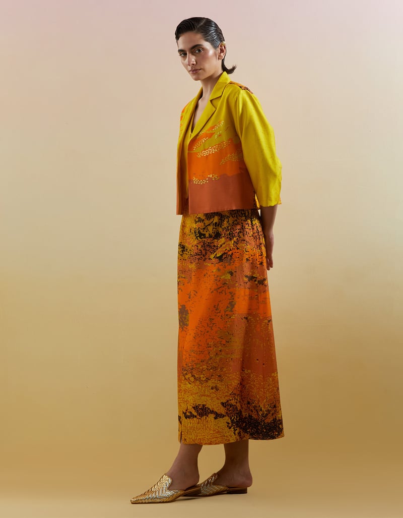 Yellow Colorblocked Jacket and Abstract Skirt Co-ord Set