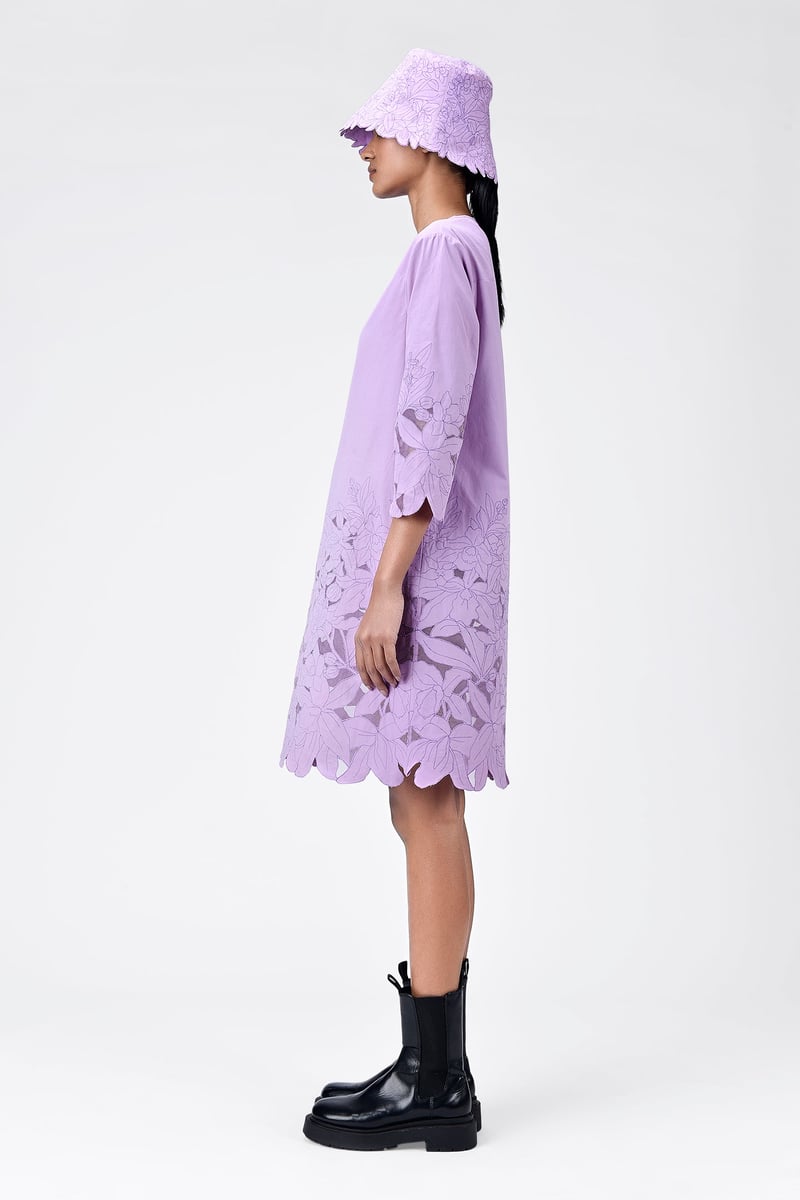 Lavender A-Line Knee-Length Dress with Cutwork Embroidery