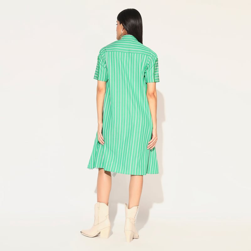 Green Striped Colorblock Cotton Shirtdress