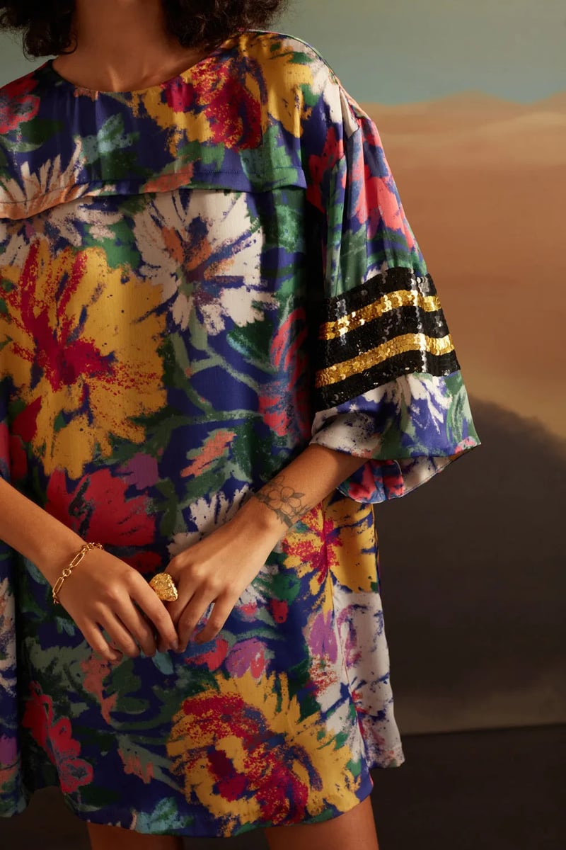Cobalt Blue Printed Mini Shift Dress with Sequin Sleeve Stripes