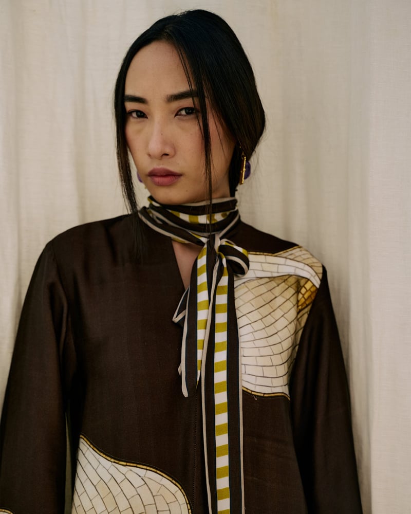 Brown Modal Satin Longline Printed Tie-Neck Top