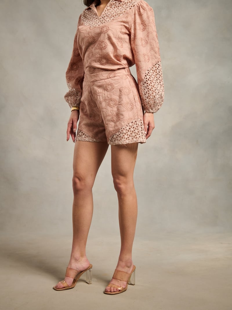Peach Cotton Schiffli Cutwork Hem High-Rise Shorts