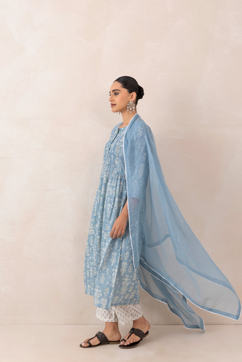 Baby Blue Floral Printed Cotton Slub Kurta Set with Dupatta