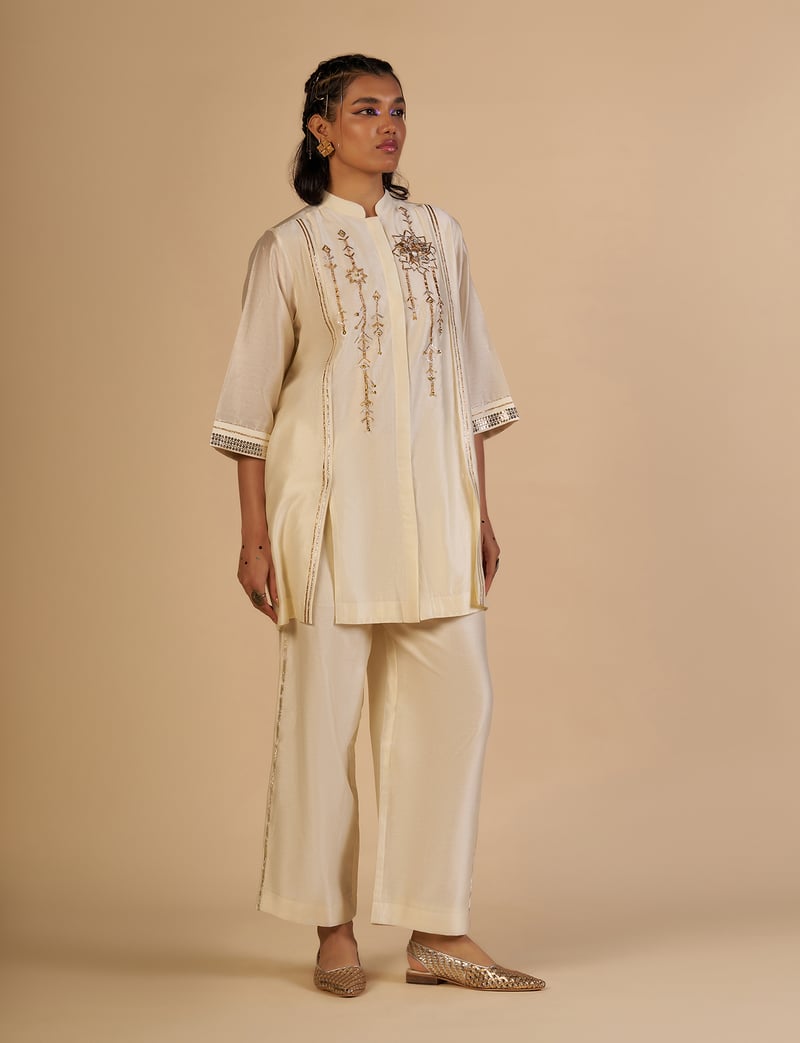 Off White Chanderi Wide-Leg Festive Trousers