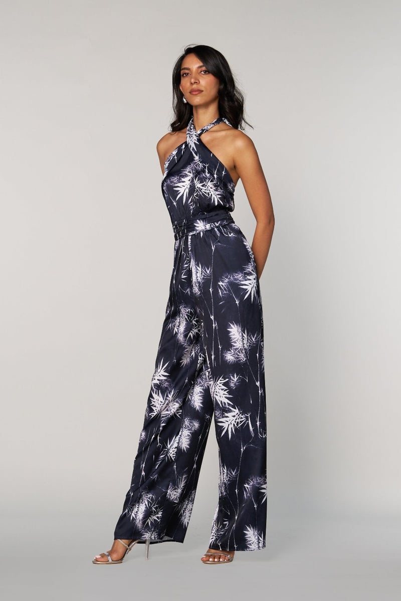 Black Satin Halter Neck Bamboo Print Wide-Leg Jumpsuit