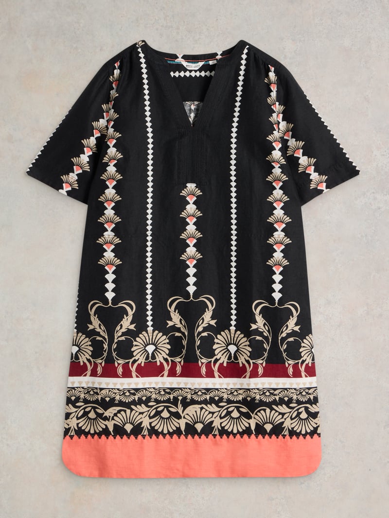 Black Printed Linen Shift Mini Dress