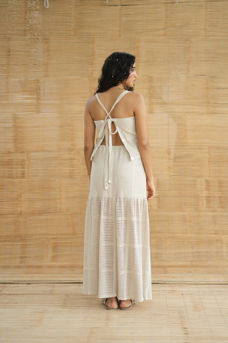 Beige Crochet Top and Tiered Maxi Skirt Co-ord Set