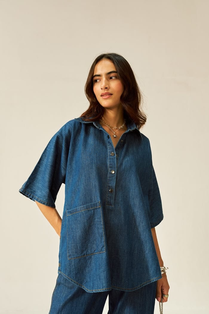 Dark Denim Oversized Shirt and Wide-Leg Pants Co-ord Set