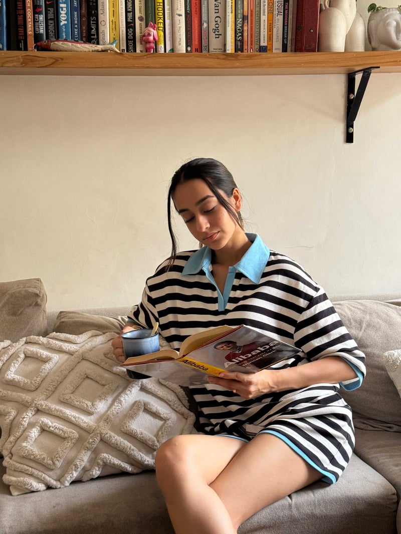 Black and White Striped Oversized Polo T-Shirt with Blue Collar