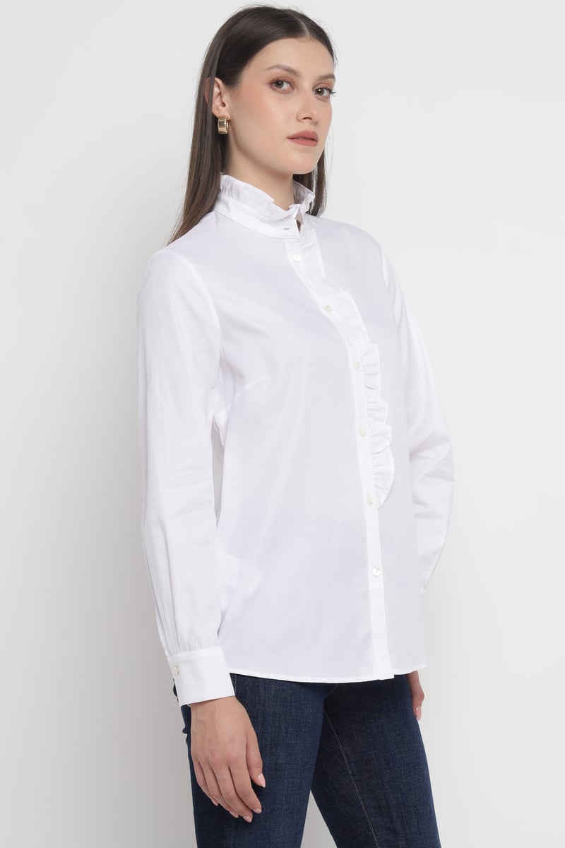 White Ruffle-Placket Cotton Shirt