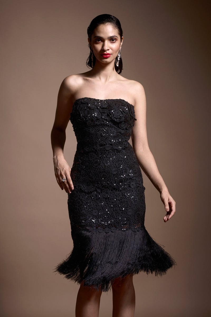 Black Strapless Sequin Lace Fringe Hem Midi Dress
