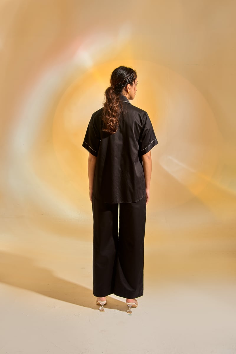 Black Cotton Satin Patchwork Embroidered Co-ord Set