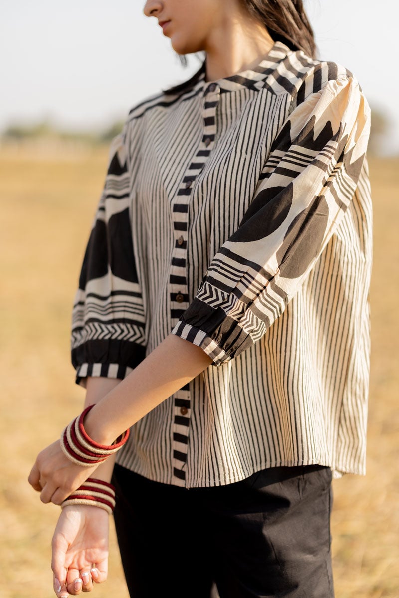 Black and Off-White Block Print Cotton Button-Down Top