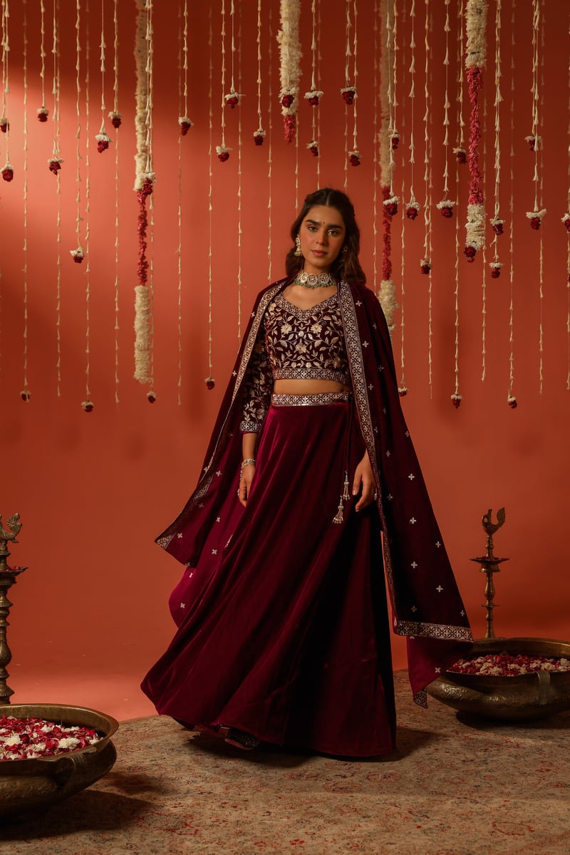 Maroon Velvet Embroidered Lehenga Set With Dupatta