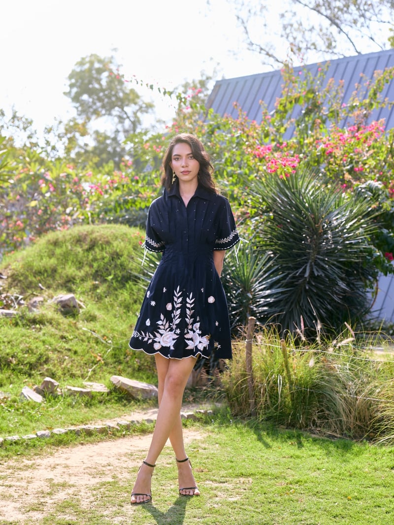 Black Embroidered Fit and Flare Mini Shirt Dress
