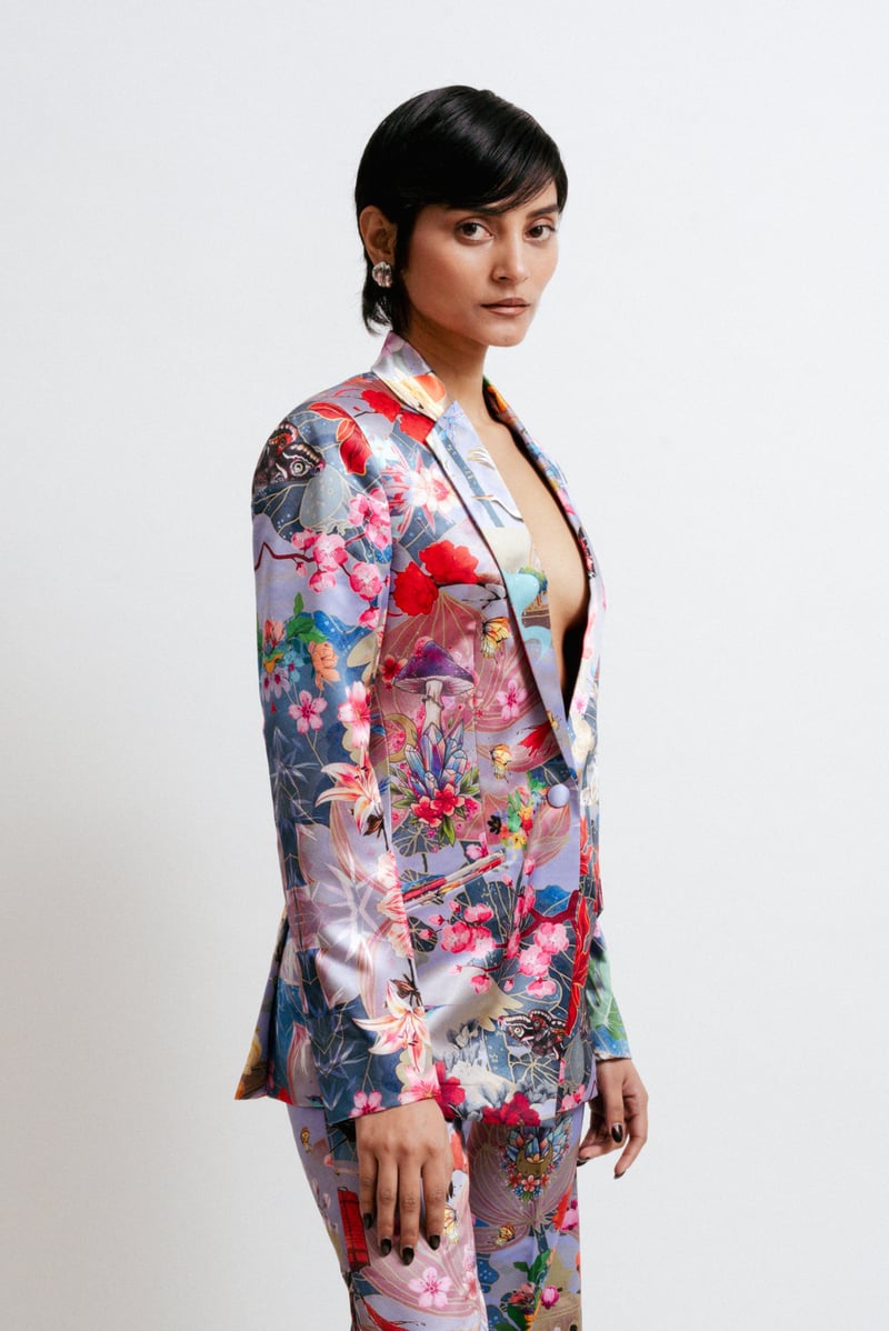 Multicolor Satin-Like Printed Tailored Jacket