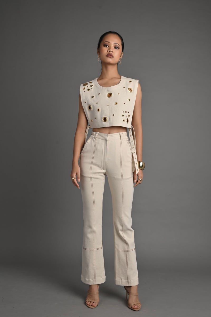 Off-White Denim Eyelet Bib Crop Top with Side Ties