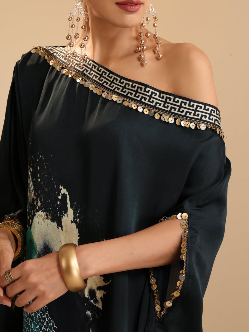 Green Abstract Print One-Shoulder Modal Satin Kaftan