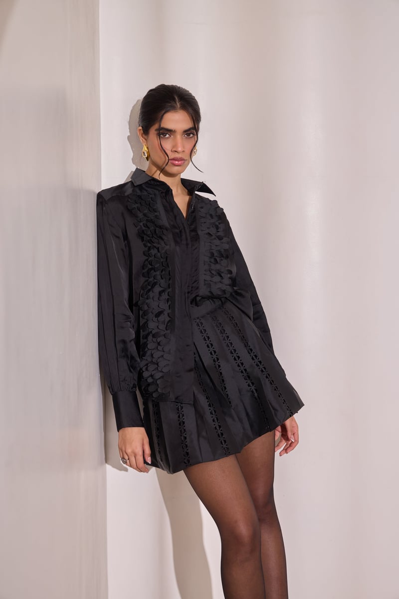 Black Satin Organza Applique Button-Down Shirt