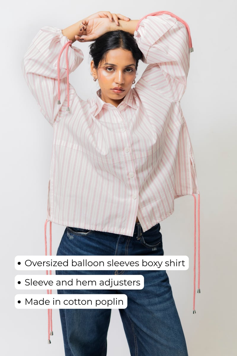 Oversized Balloon Sleeve Striped Cotton Shirt, White/Pink