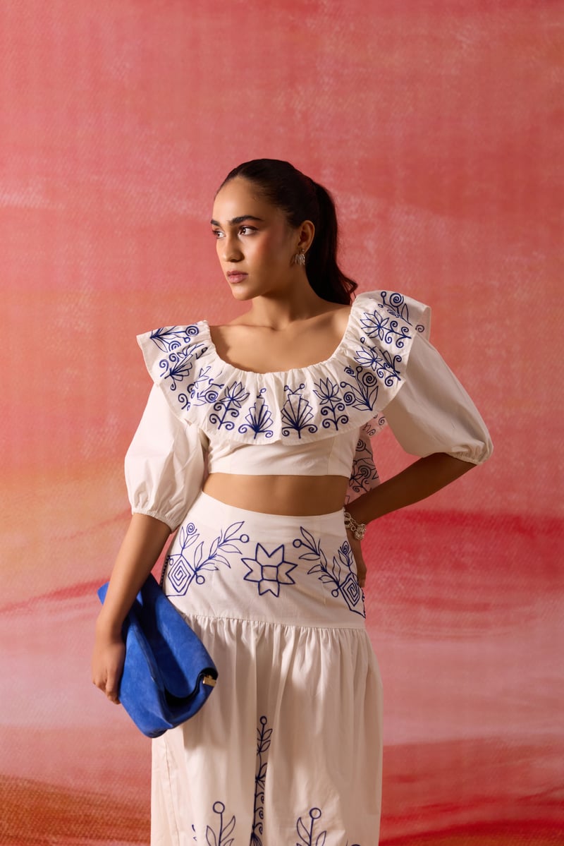 White and Blue Embroidered Off-Shoulder Co-ord Set